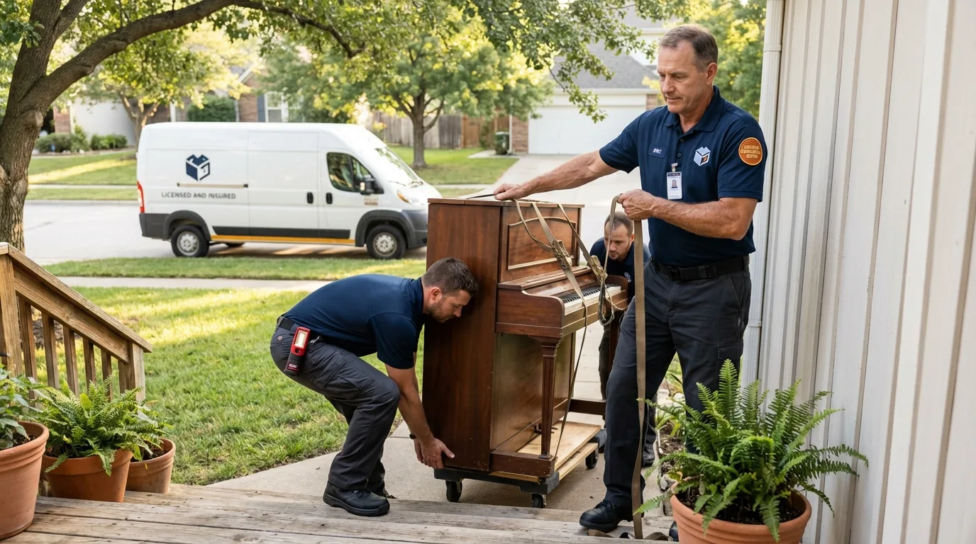 Licensed piano movers securing grand piano in Casper, WY