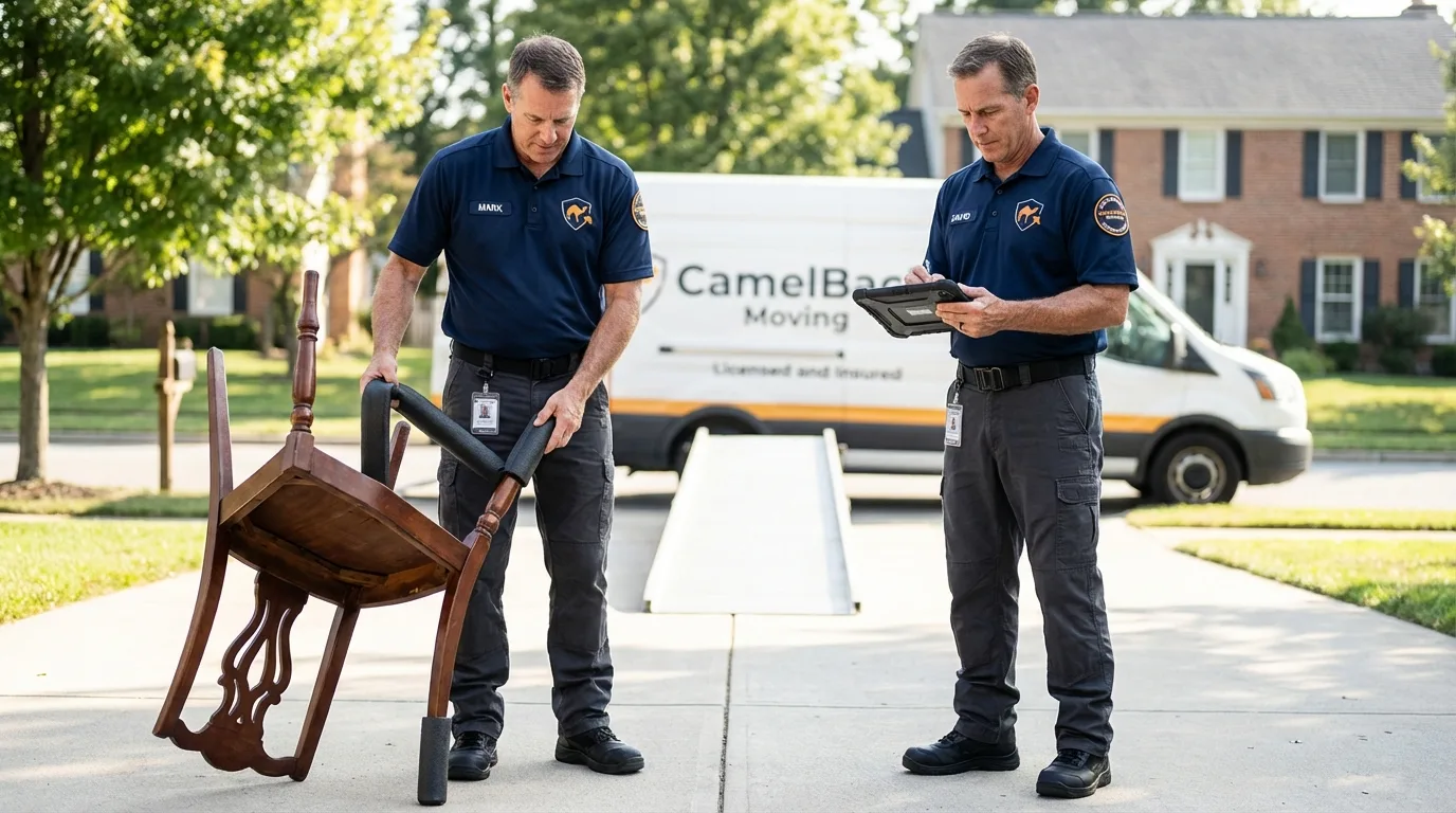 Movers inspecting furniture for damage prevention before loading in Casper, WY